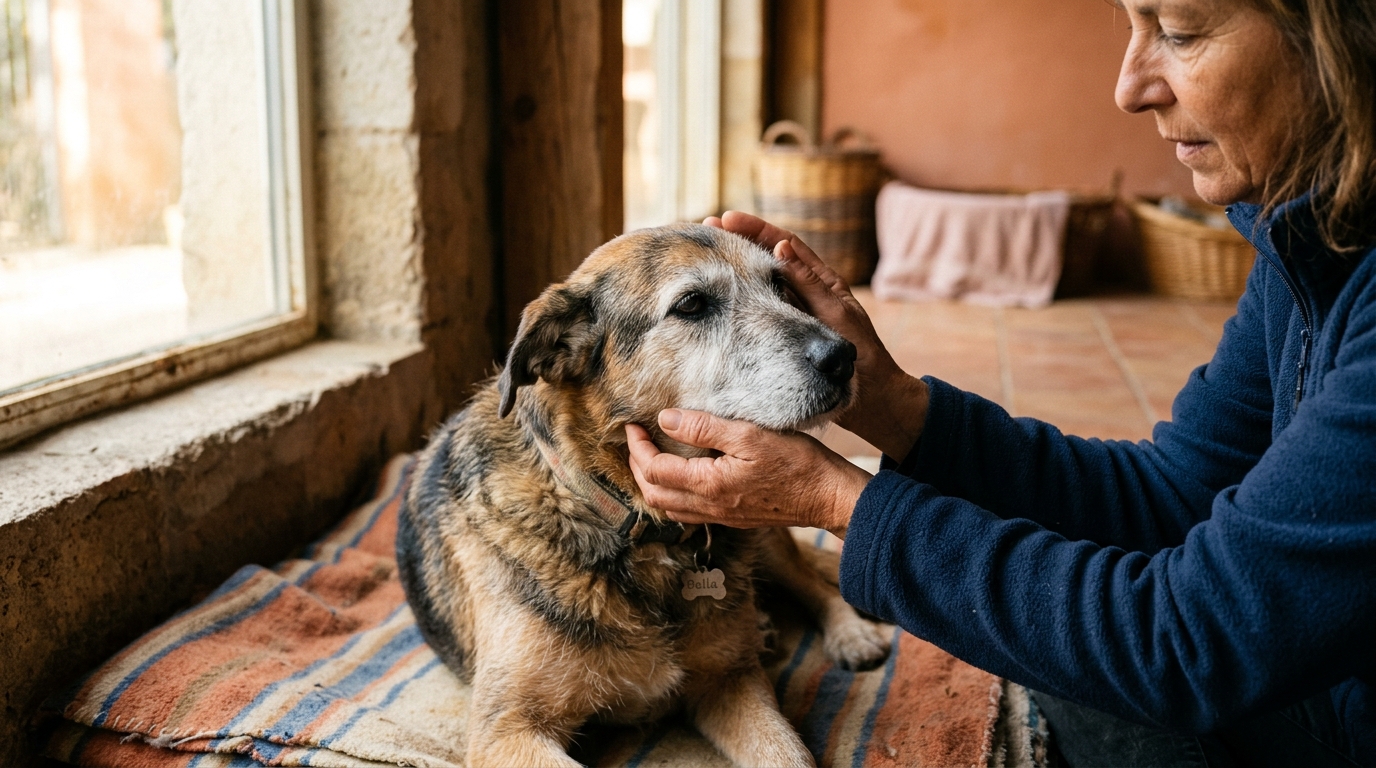 Une vieille chienne secourue et apaisée dans un refuge animalier en France.