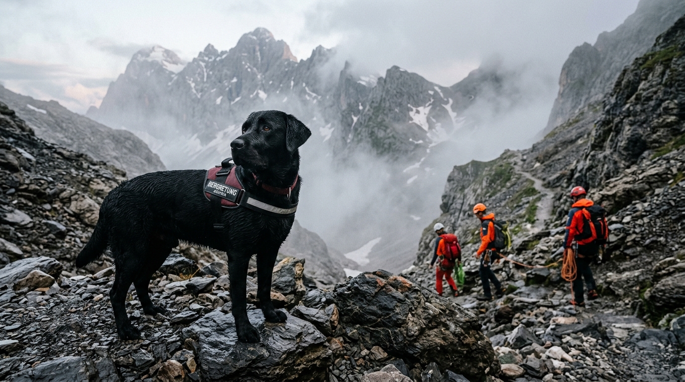 Un Labrador noir assis dans un paysage de montagne en Autriche près des secours