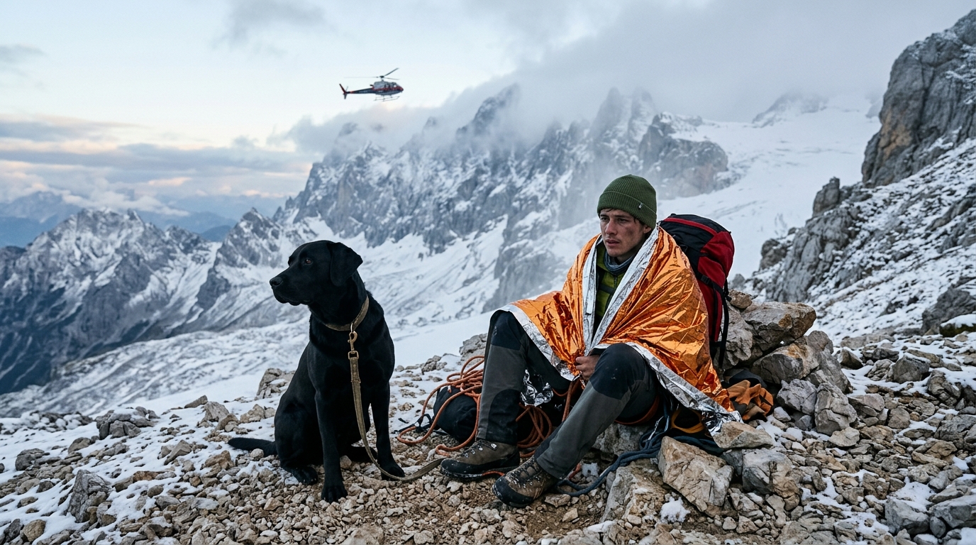 Un labrador noir assis dans la neige près des secours sur le glacier du Dachstein en Autriche