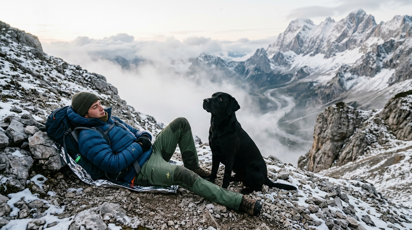Un labrador noir assis fidèlement près de son maître blessé en montagne autrichienne.