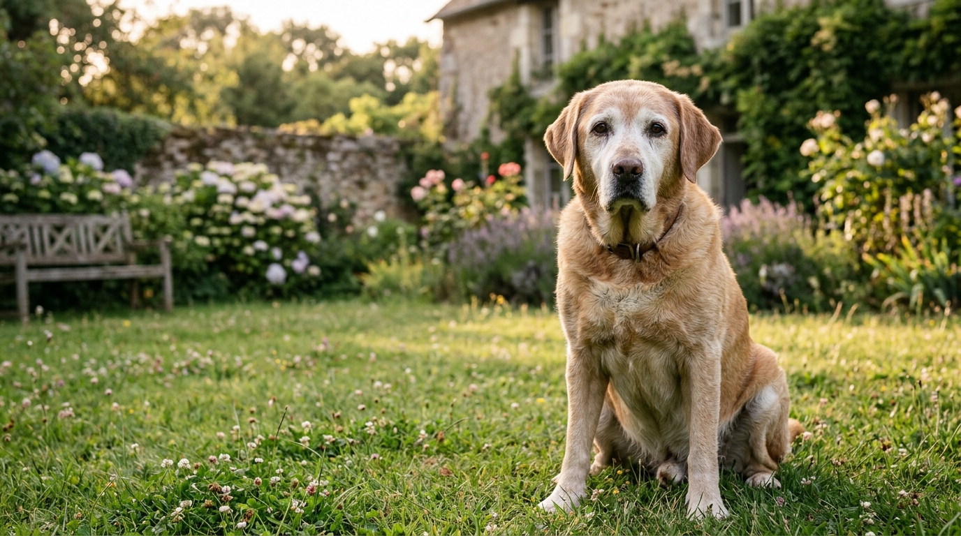 Un vieux Labrador Retriever assis avec douceur dans l'herbe d'un jardin.