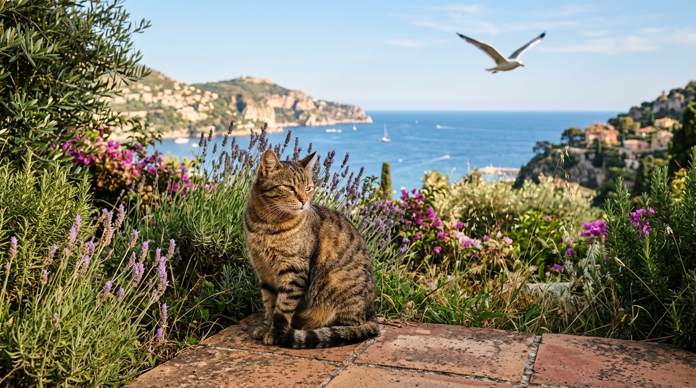 Un chat tigré assis en sécurité dans un jardin côtier en France