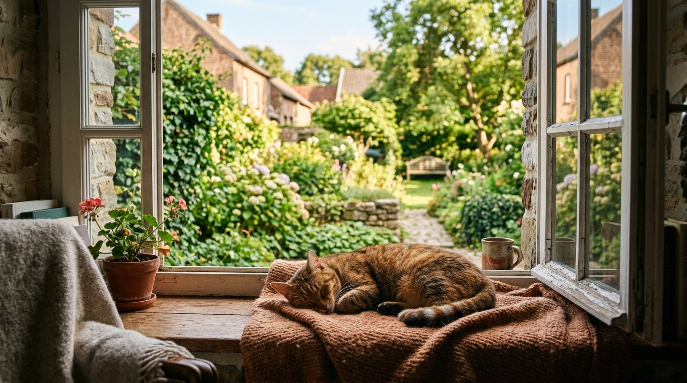 Un chat tigré dormant paisiblement sur un coussin douillet dans un intérieur chaleureux en Belgique.