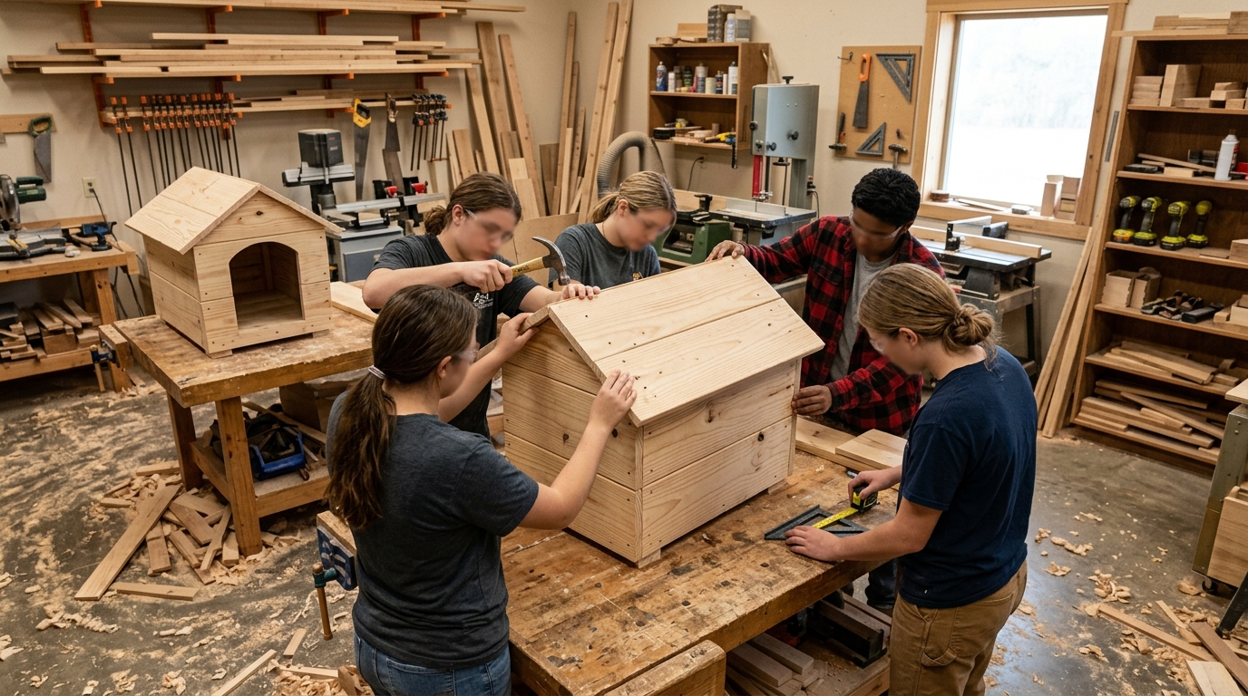 Des élèves assemblent des niches en bois dans un atelier de lycée pour des chiens de refuge.