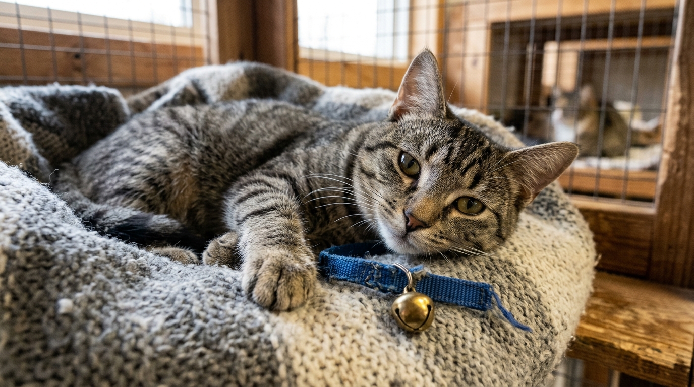 Une chatte tigrée grise posant sa patte près d'une petite clochette en laiton