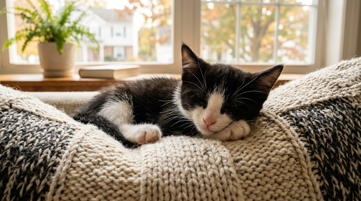 Un jeune chaton tuxedo noir et blanc assis paisiblement dans un salon chaleureux