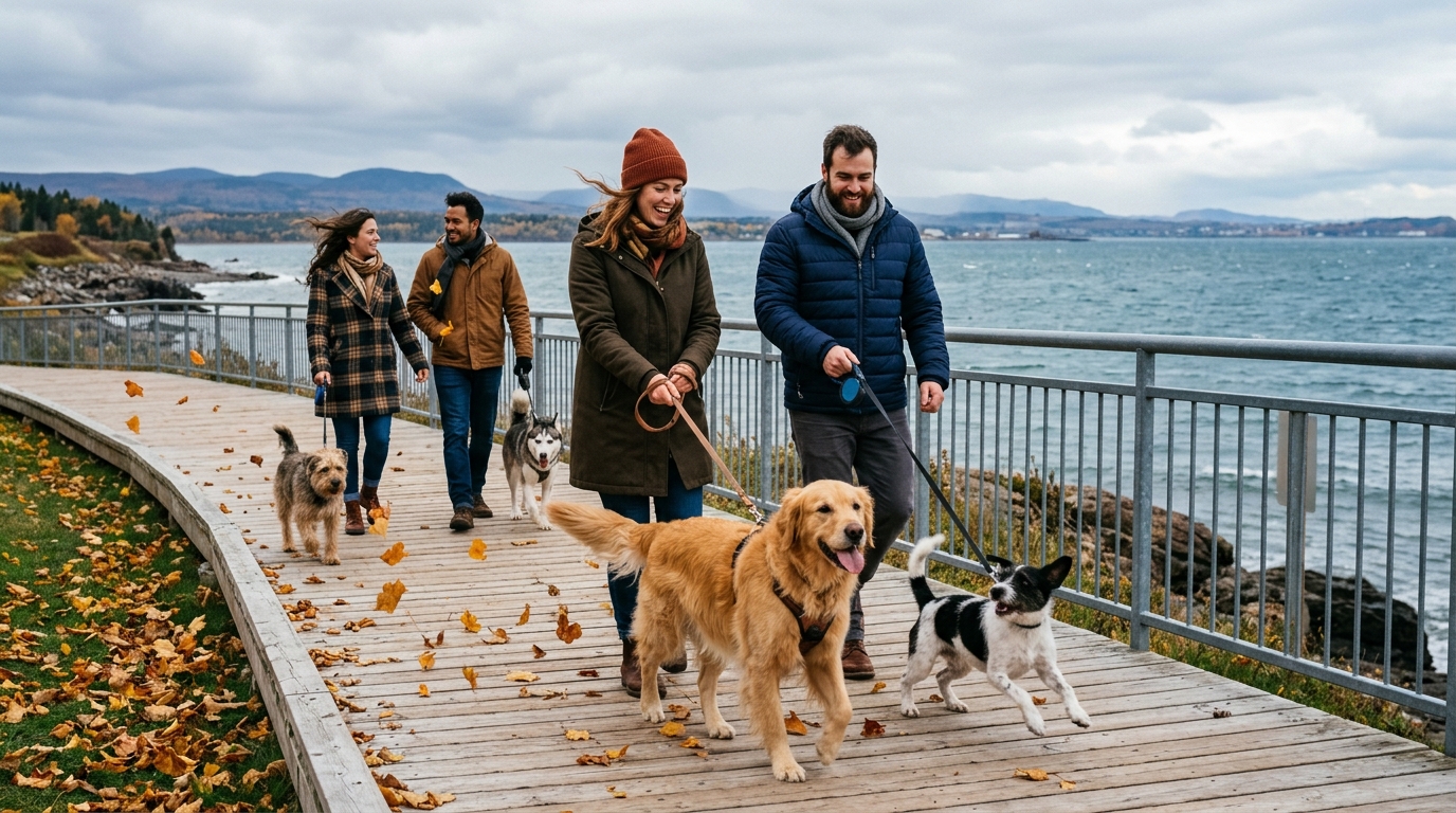 Un groupe de personnes promènent leurs chiens le long d'une promenade côtière par temps venteux.