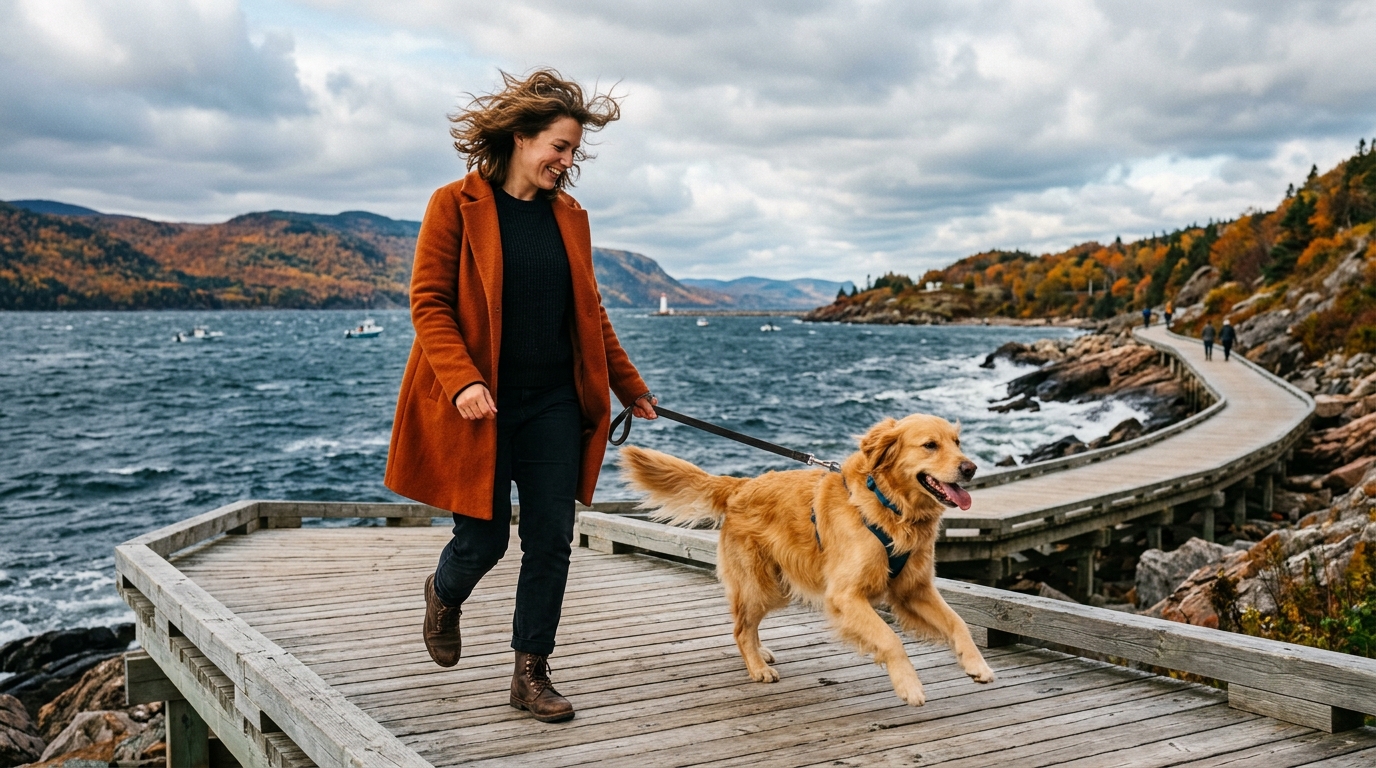 Une femme marche avec son chien golden retriever sur une promenade côtière sous le vent d'automne.