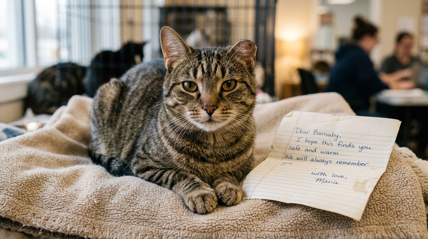 Un chat tabby brun avec une seule oreille posé près d'une lettre écrite à la main.