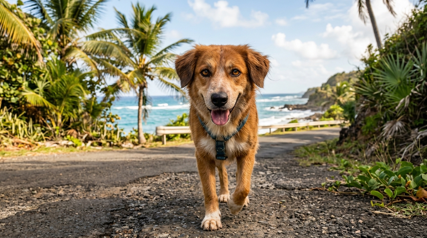 Un chien errant au bord d'une route tropicale en Guadeloupe