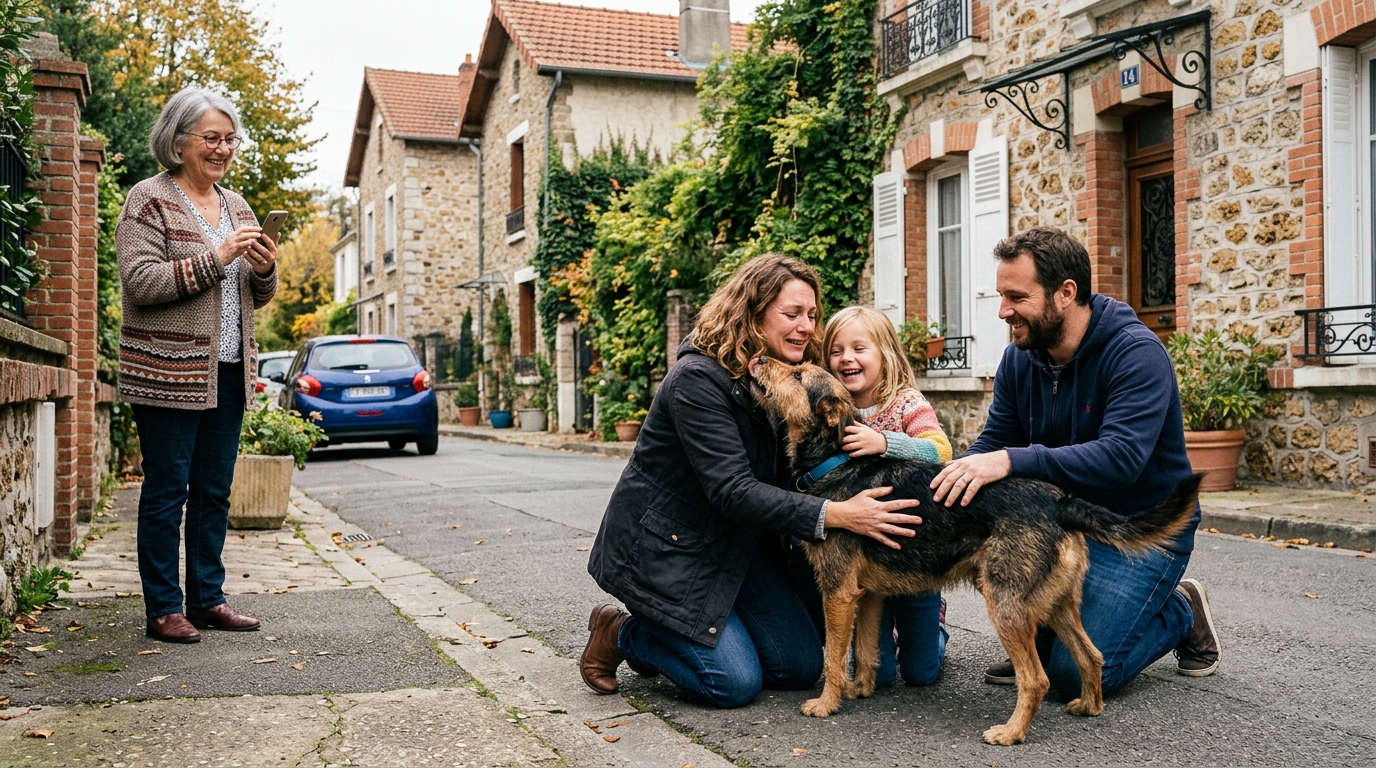 Un chien égaré retrouve son maître dans une rue de quartier grâce aux voisins