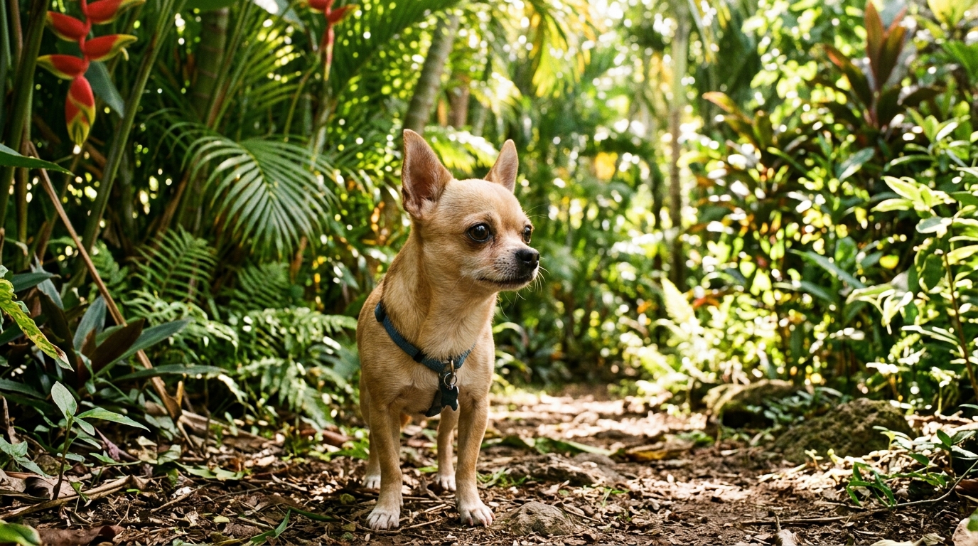 Un petit Chihuahua vigilant dans un jardin tropical en Guadeloupe.