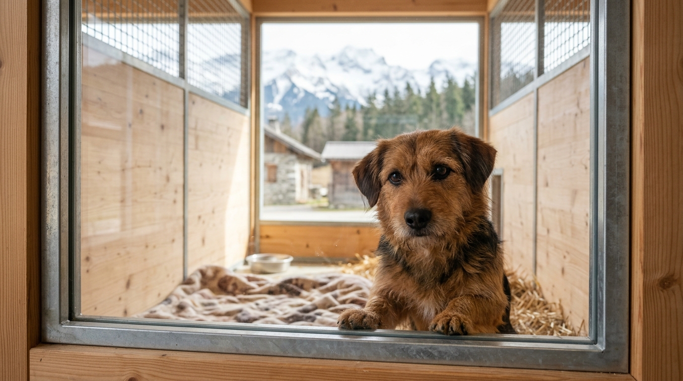 Un chien attentif derrière un enclos moderne dans le nouveau refuge de la SPA du Chablais.