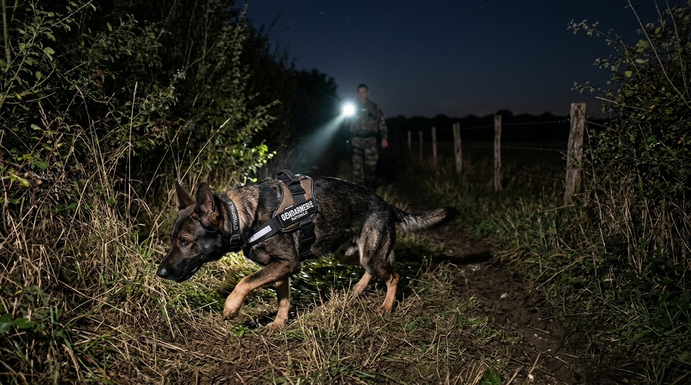 Onyx, berger allemand de la gendarmerie des Deux-Sèvres, en mission de pistage nocturne.
