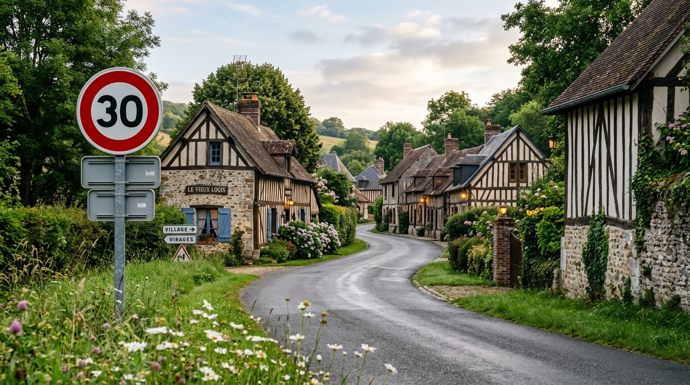 Un panneau de limitation de vitesse à l'entrée d'un village rural en Normandie.