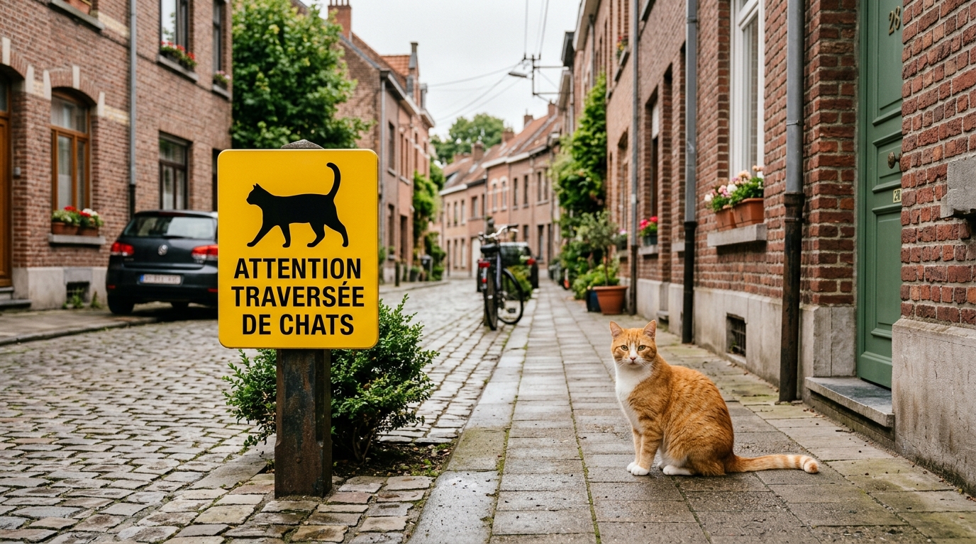 Un panneau Attention traversée de chats installé dans une rue résidentielle pour protéger les animaux.