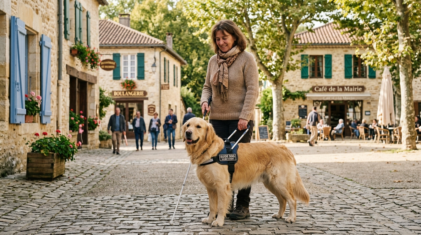 Un chien guide d'aveugle golden retriever accompagnant sa maîtresse dans un village des Landes