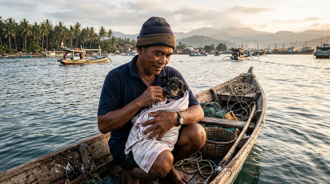 Un pêcheur tient un petit chiot trempé sauvé des eaux.