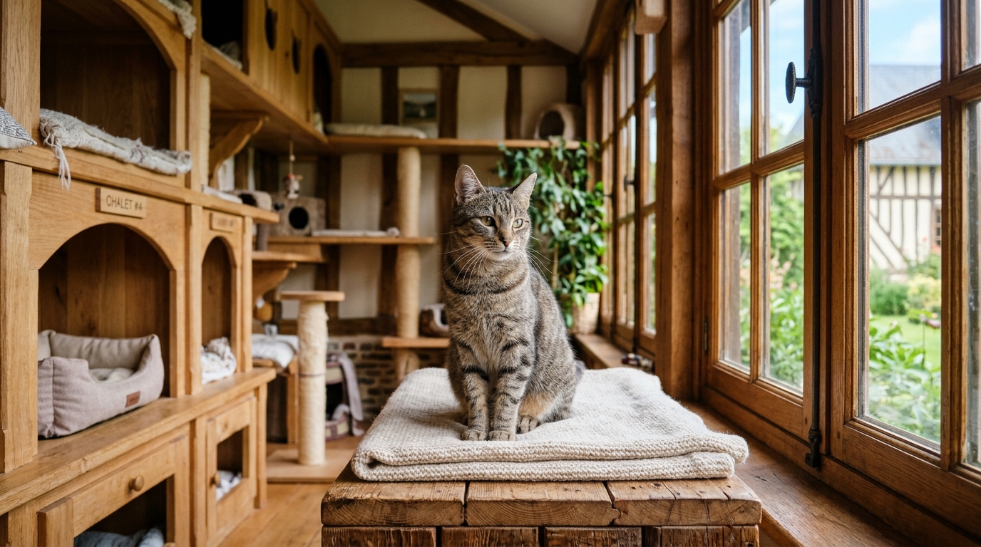 Un chat assis sereinement dans une pension féline en bois en Normandie.