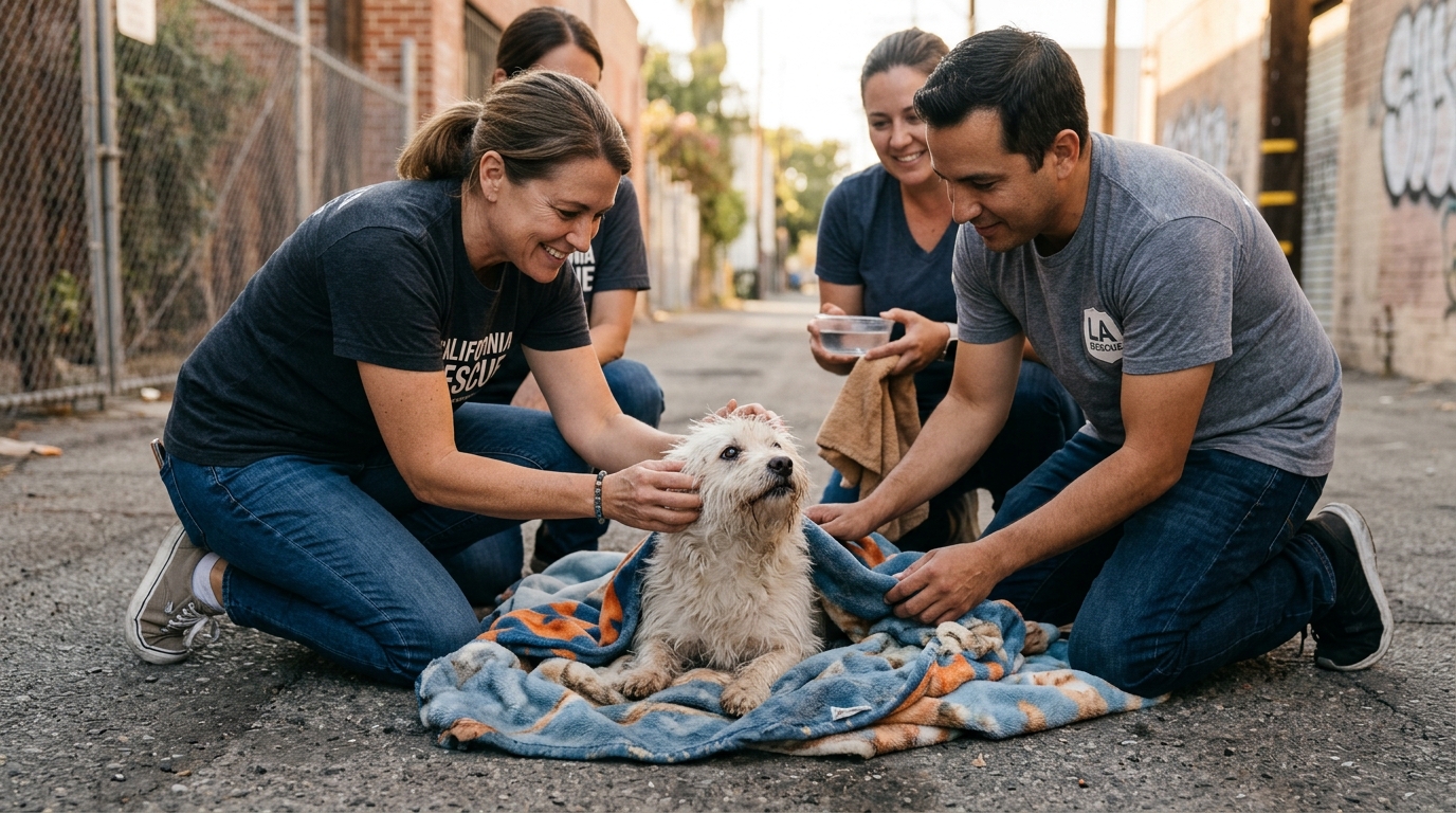 Petit chien blanc au pelage emmêlé assis dans une ruelle entouré de bienveillance