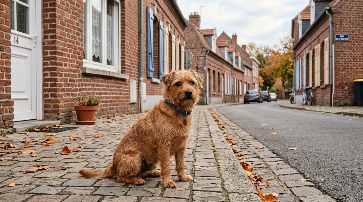 Un petit chien assis sur le trottoir d'une rue du Pas-de-Calais