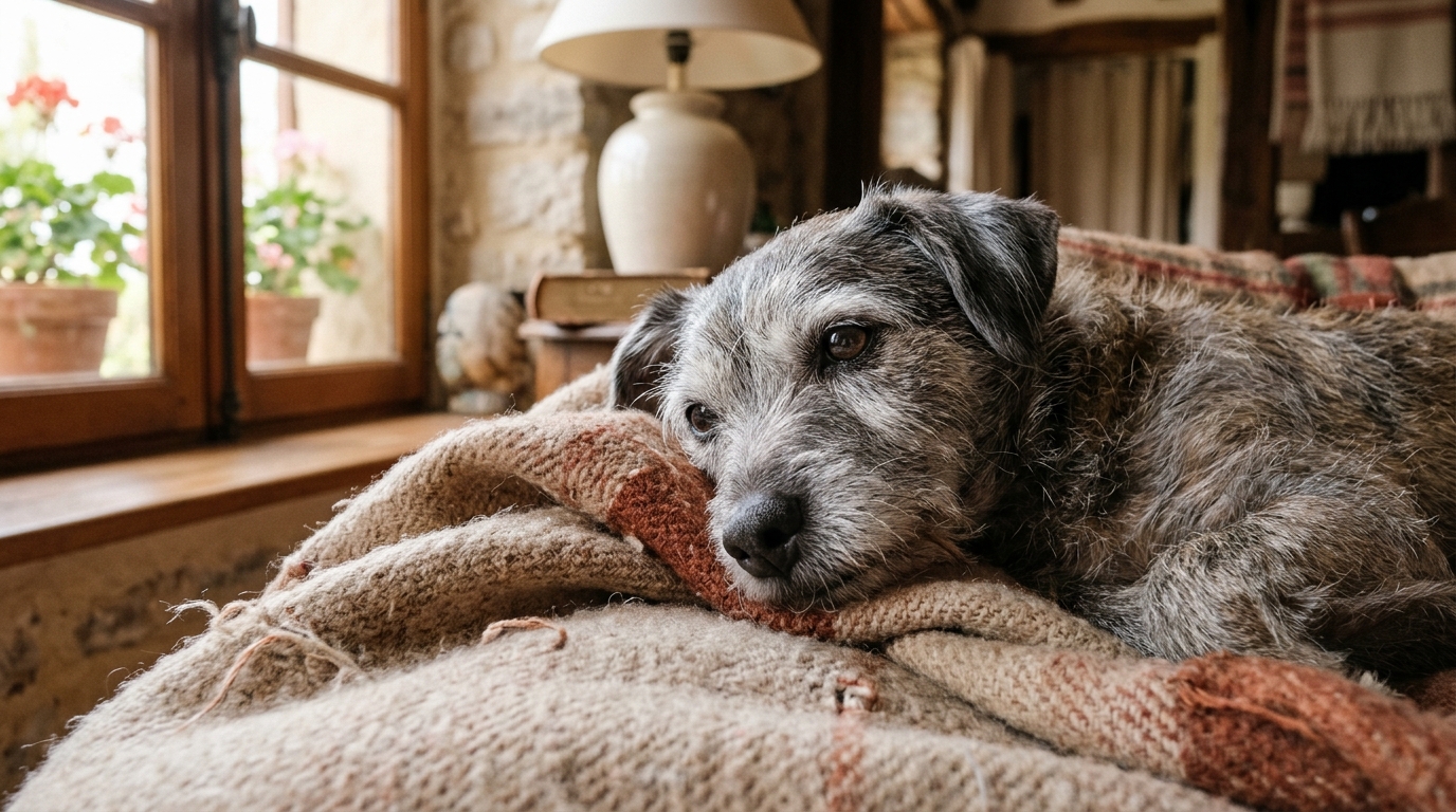Petit chien senior assis sagement dans un salon chaleureux en France