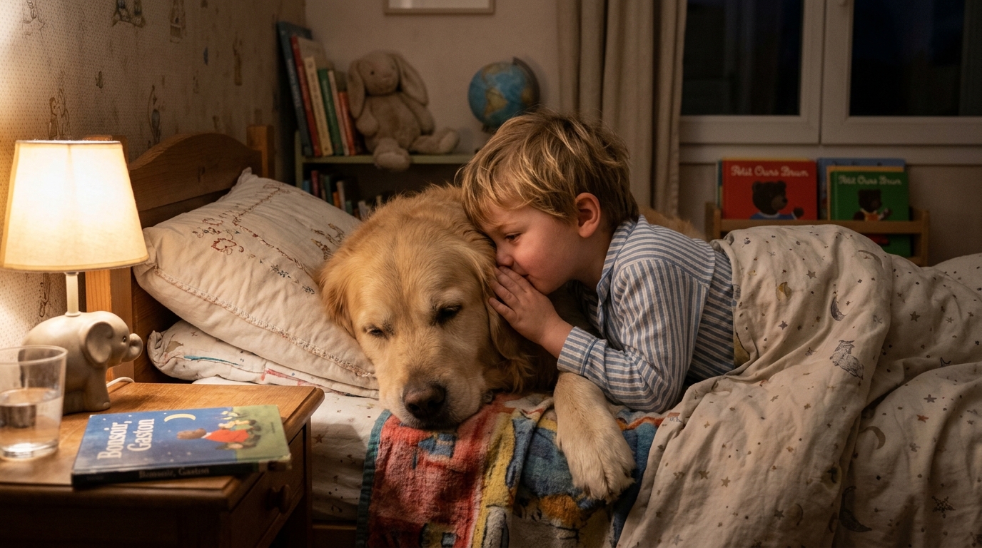 Un jeune garçon allongé dans son lit à côté de son chien Golden Retriever avant de s'endormir.