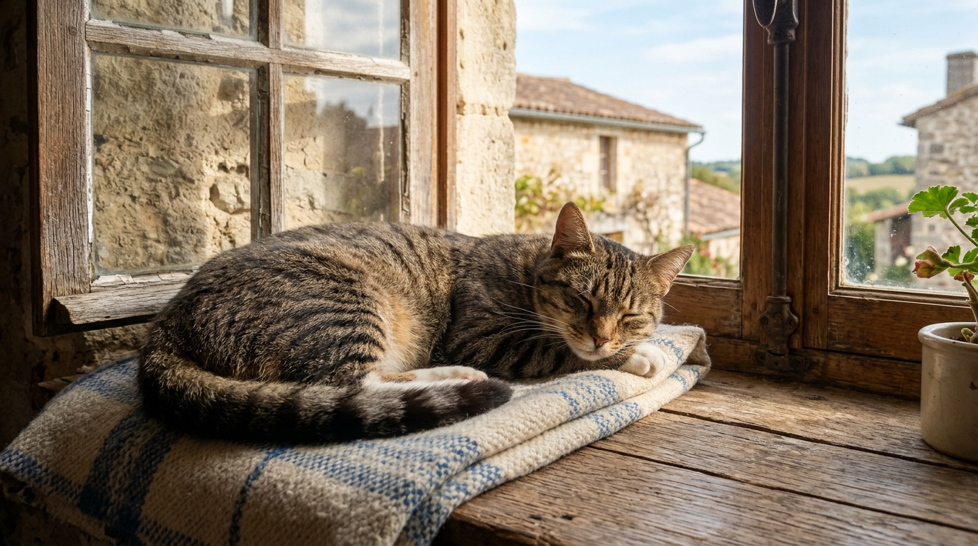 Un chat allongé confortablement près d'une fenêtre en Vendée