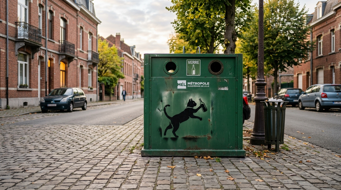 Un motif de chat peint au pochoir sur un conteneur à verre dans une rue française.