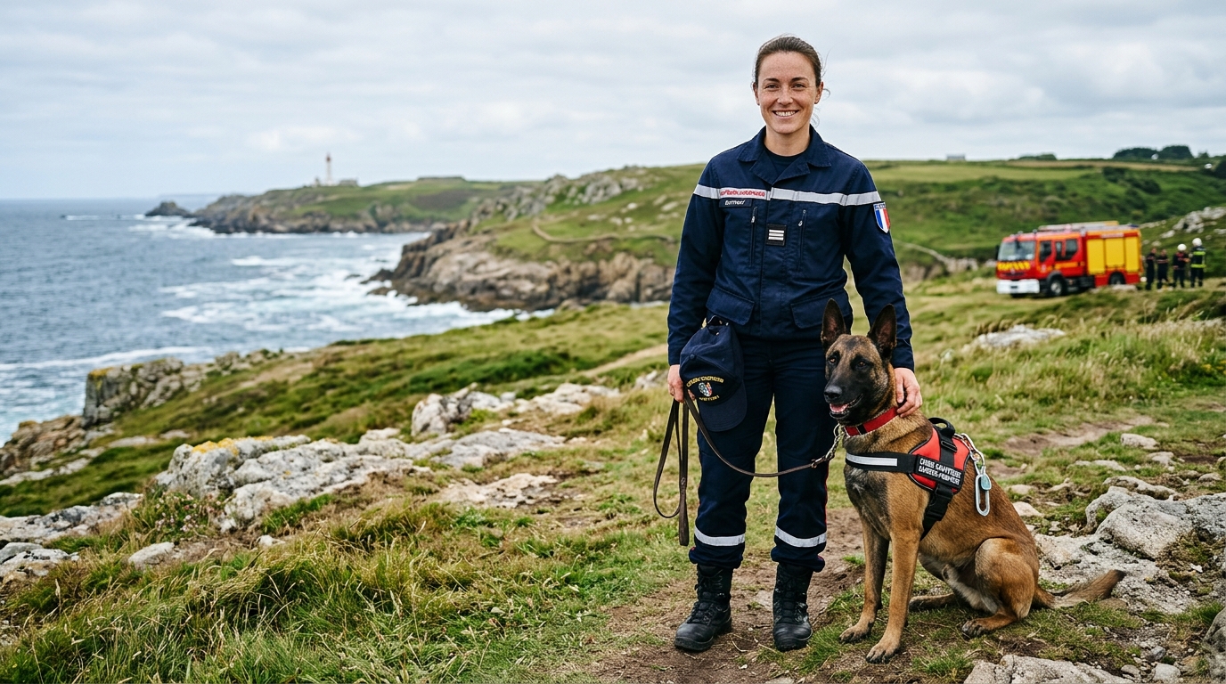 Une pompière française en uniforme pose avec son berger belge malinois sur un terrain de recherche.