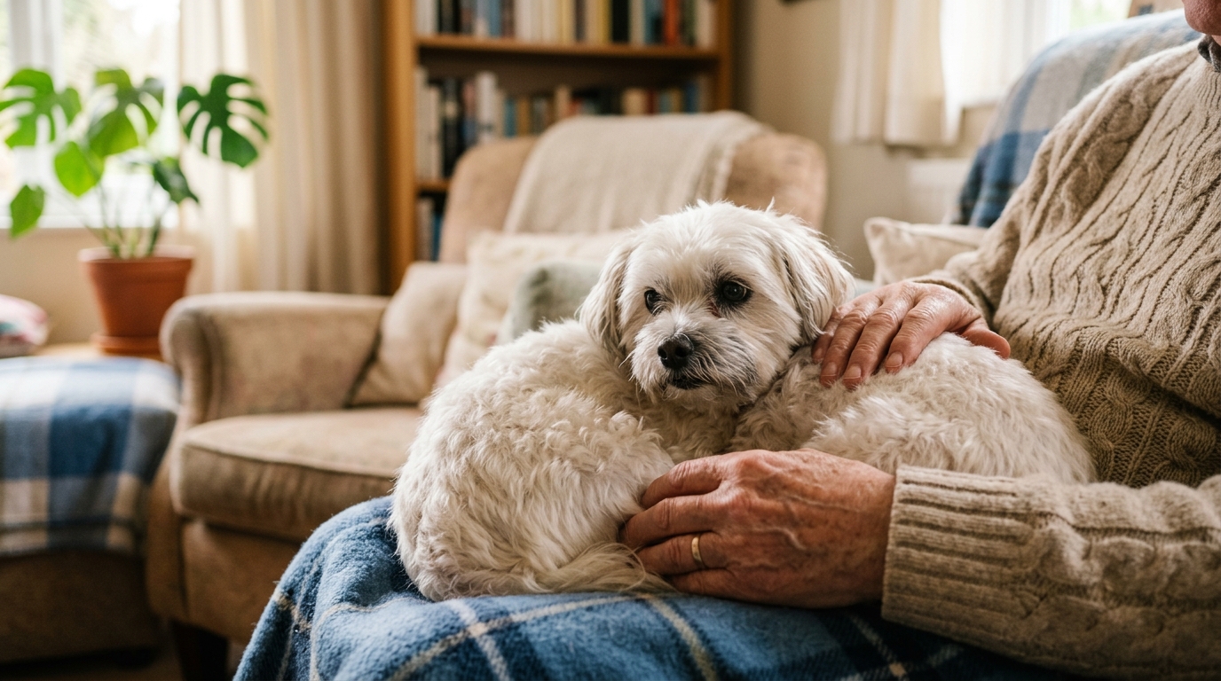 Un petit chien blanc âgé recevant des caresses attentives dans un salon chaleureux