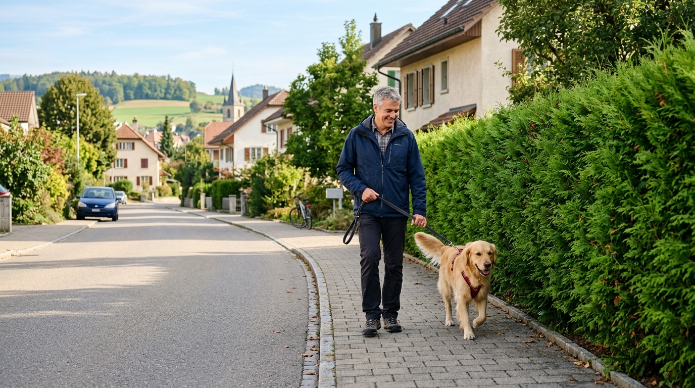 Un homme se promène sereinement avec son chien dans une allée verdoyante en Suisse