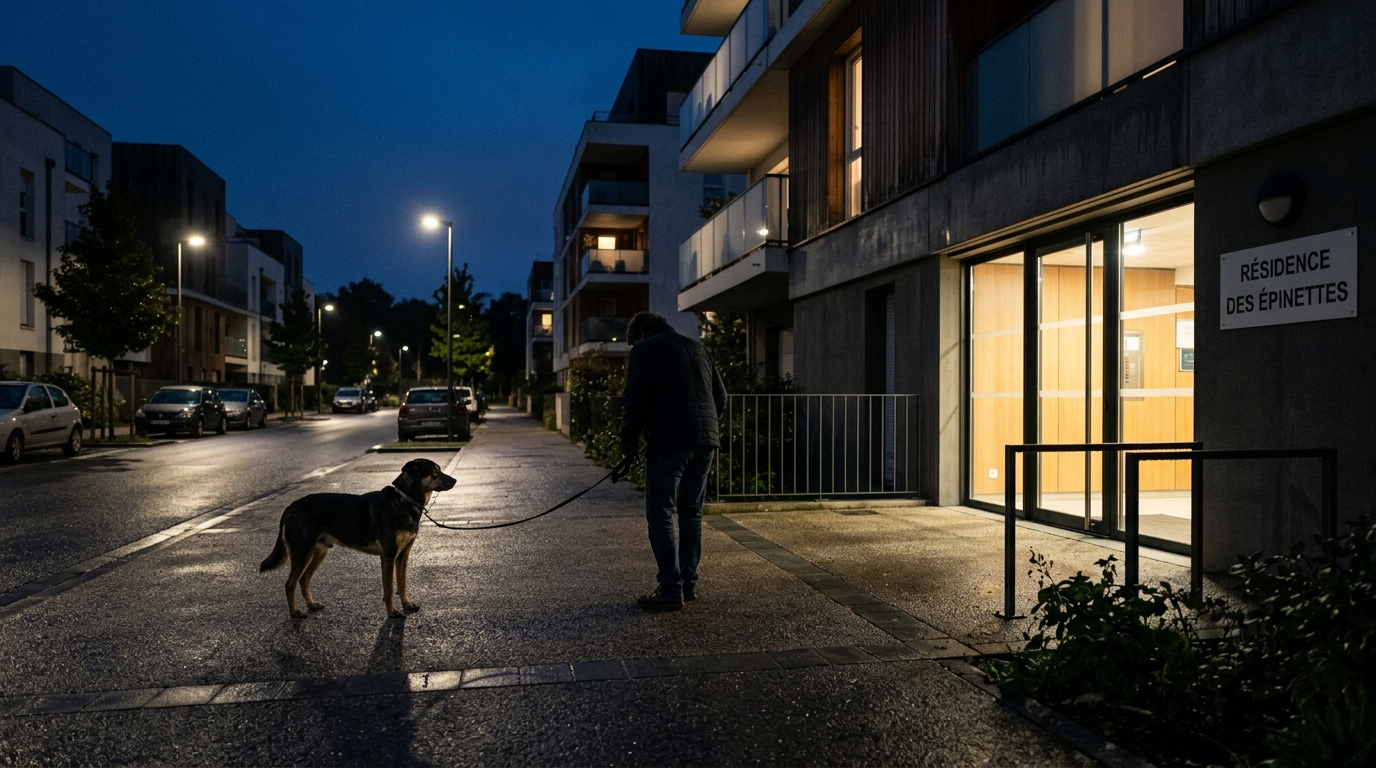 Un chien en laisse promené la nuit devant un immeuble résidentiel
