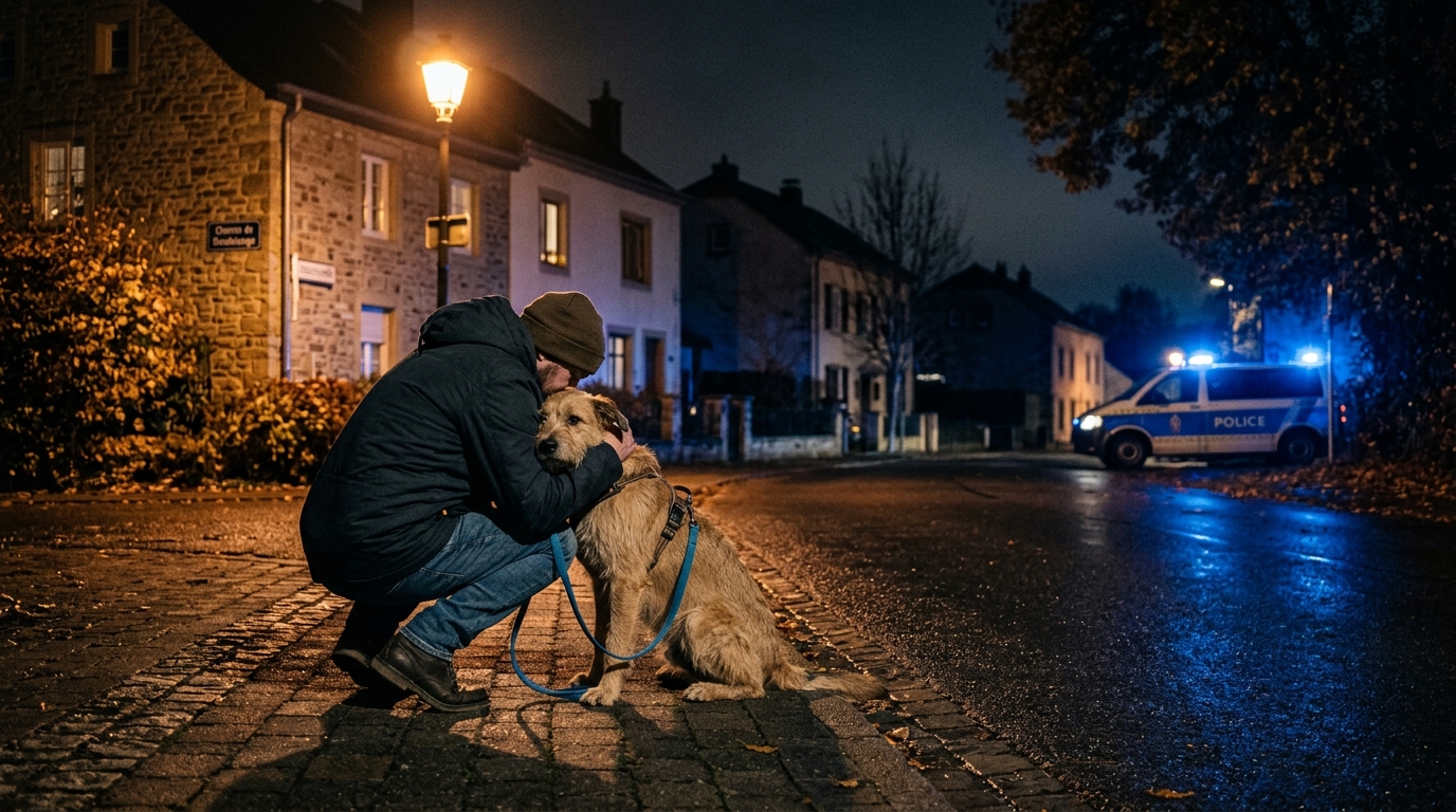 Un promeneur tenant son chien en laisse dans une rue de Dondelange de nuit.