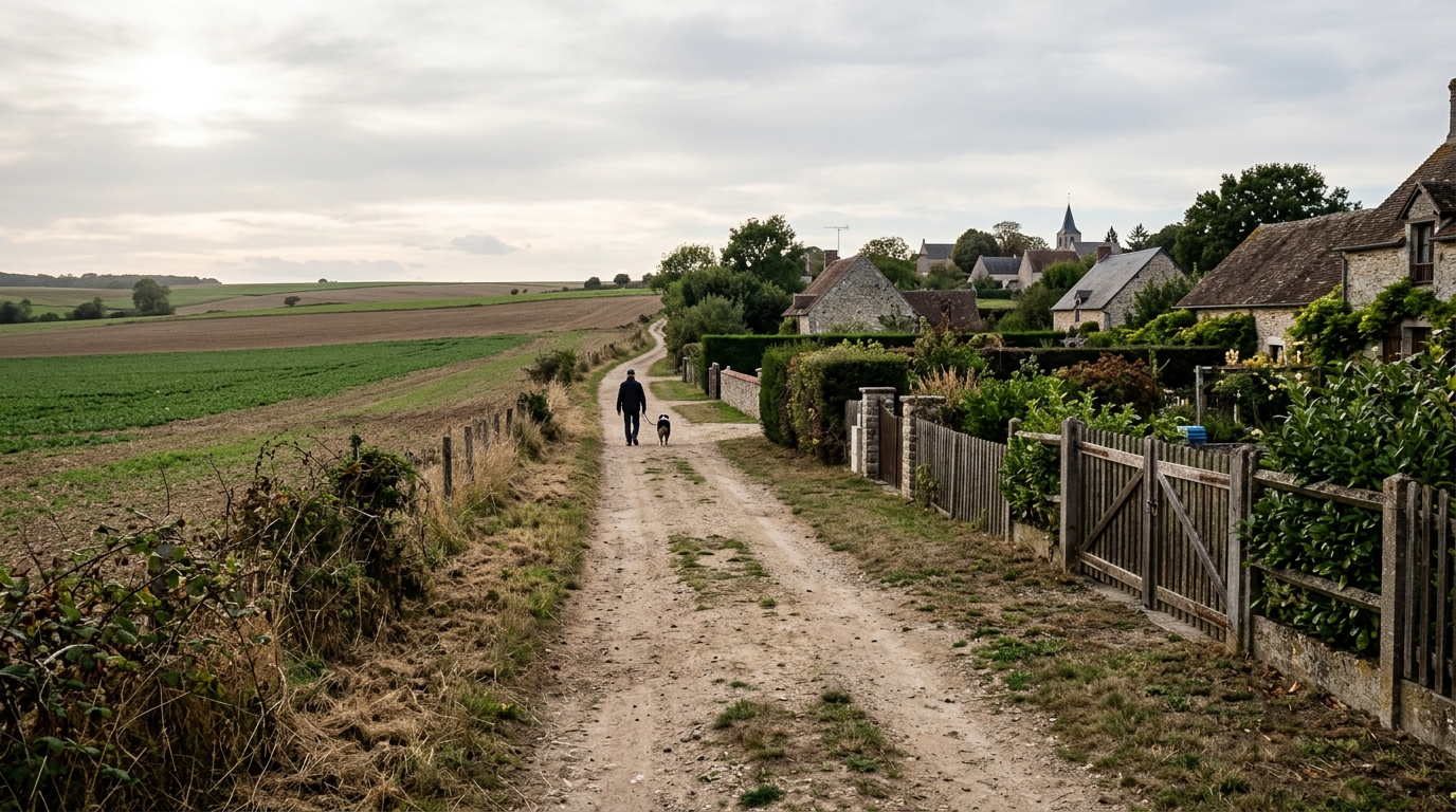 Un chemin de promenade bordé de champs et de maisons dans un village français.
