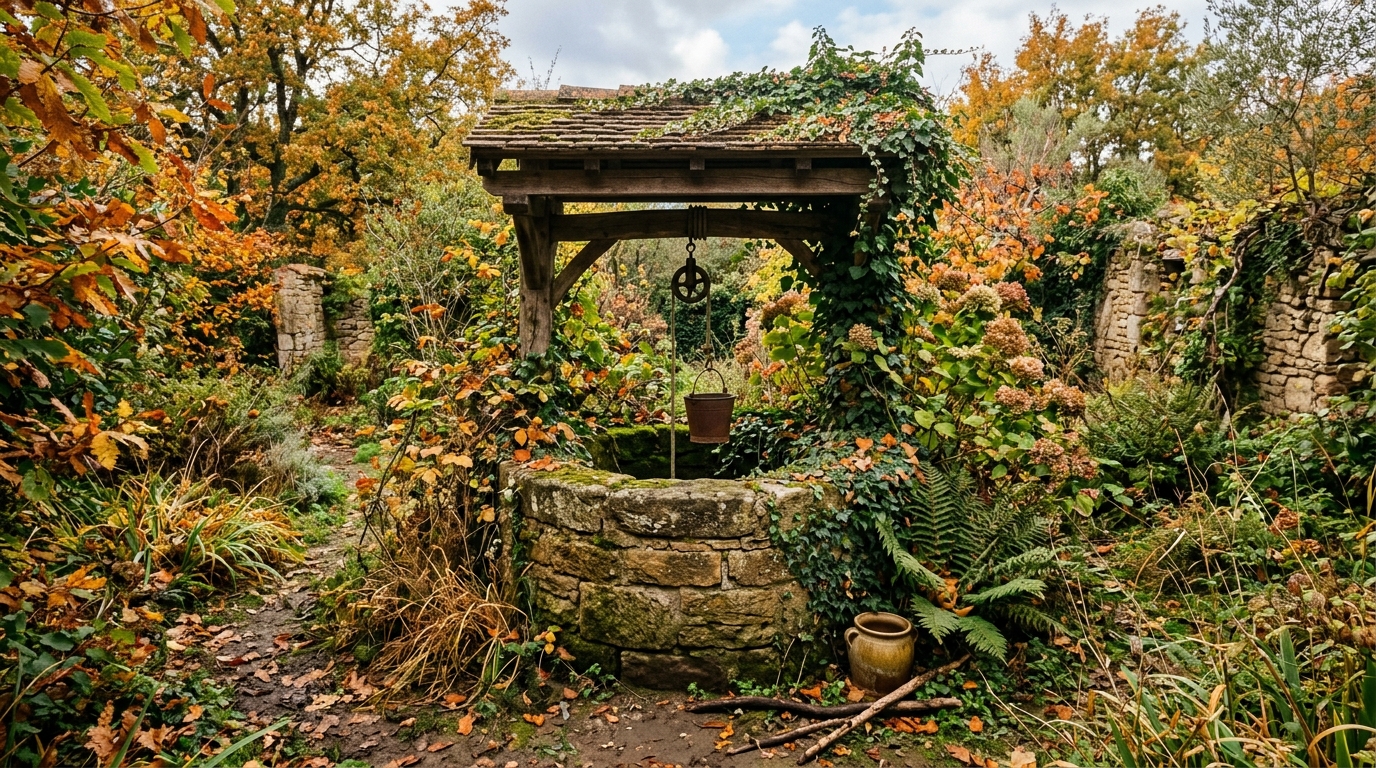 Un vieux puits en pierre situé dans un jardin champêtre en Occitanie