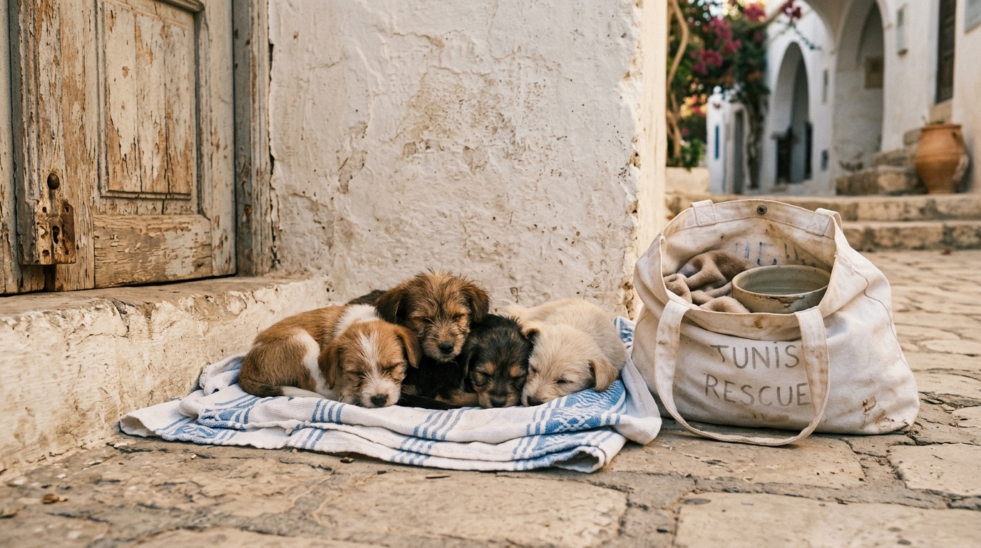 Quatre petits chiots sauvés posés près d'un sac blanc en Tunisie.