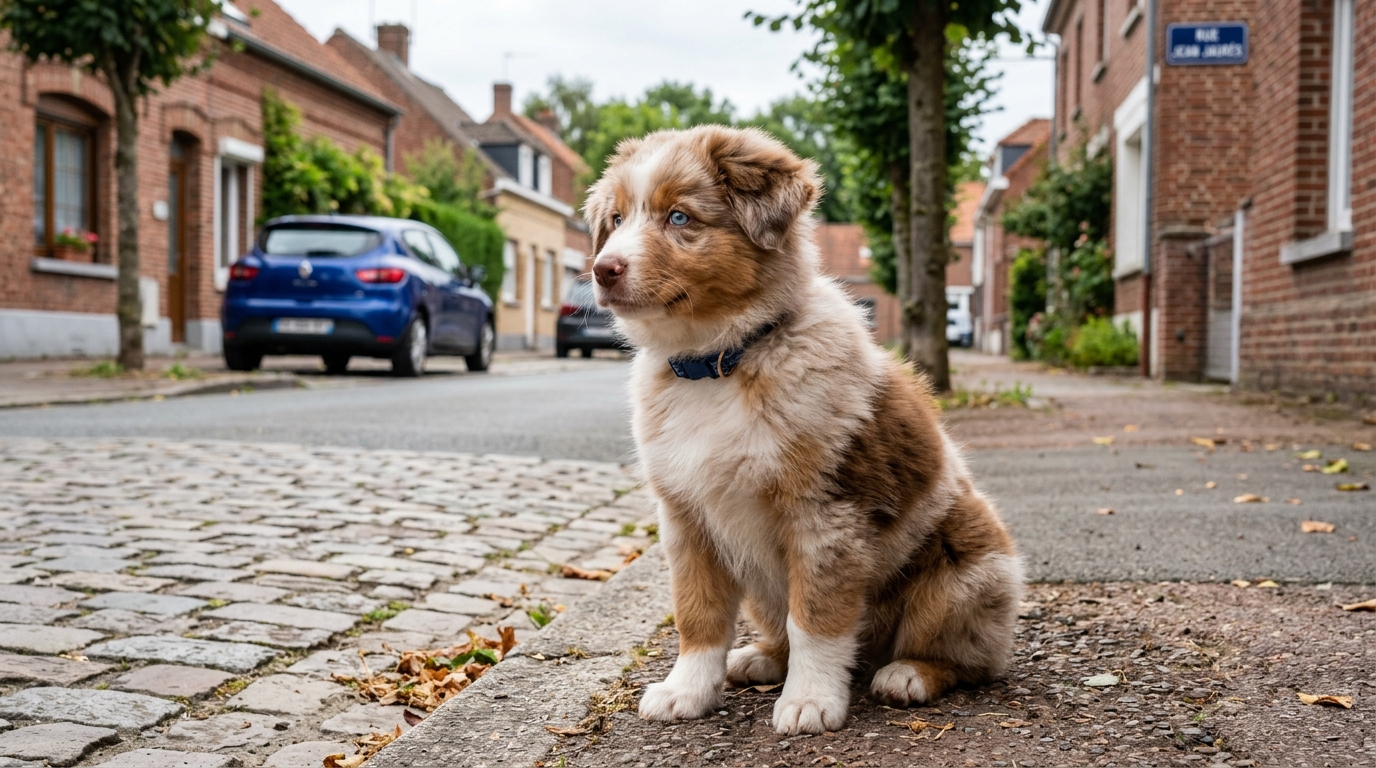 Un jeune berger australien roux aux yeux bleus dans une rue résidentielle.
