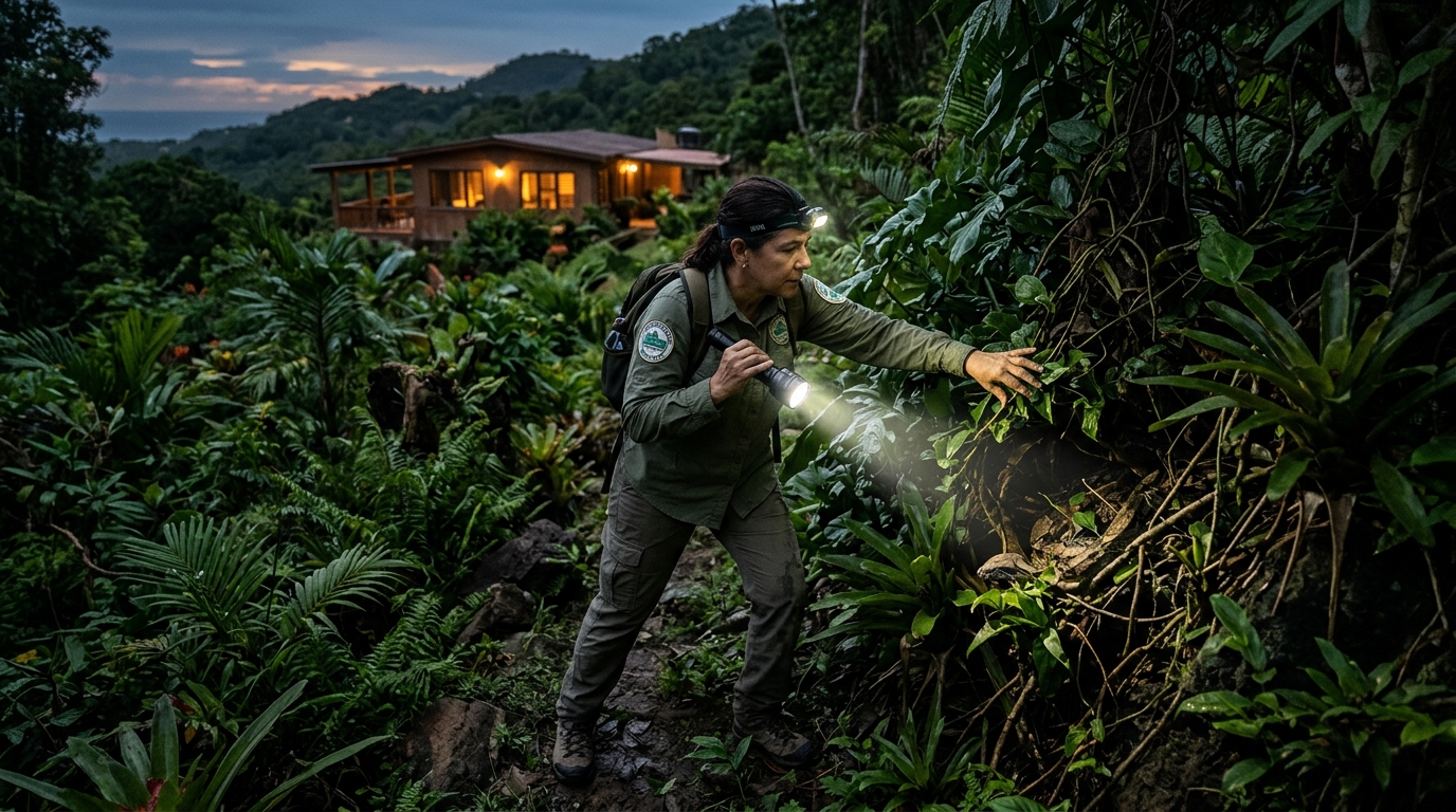 Un spécialiste de la faune inspectant la végétation tropicale à Porto Rico à l'aide d'une lampe.