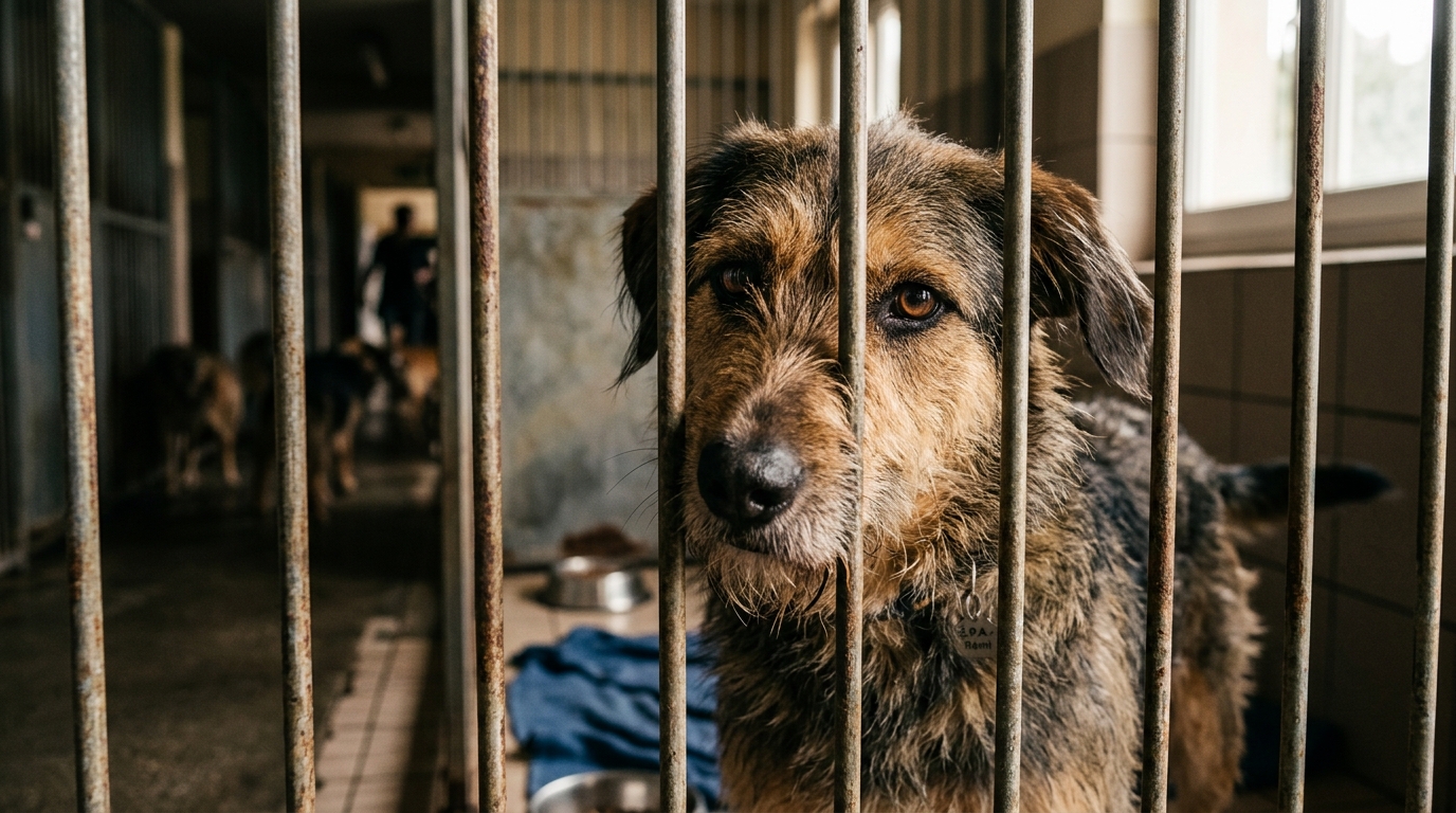Un chien regardant à travers les barreaux d'un refuge pour animaux