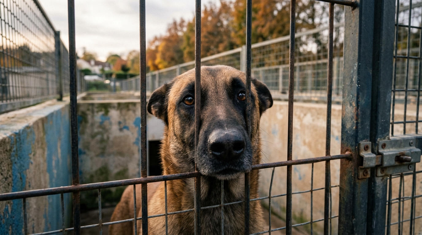 Un chien de type Malinois regarde tristement derrière la grille de son chenil.