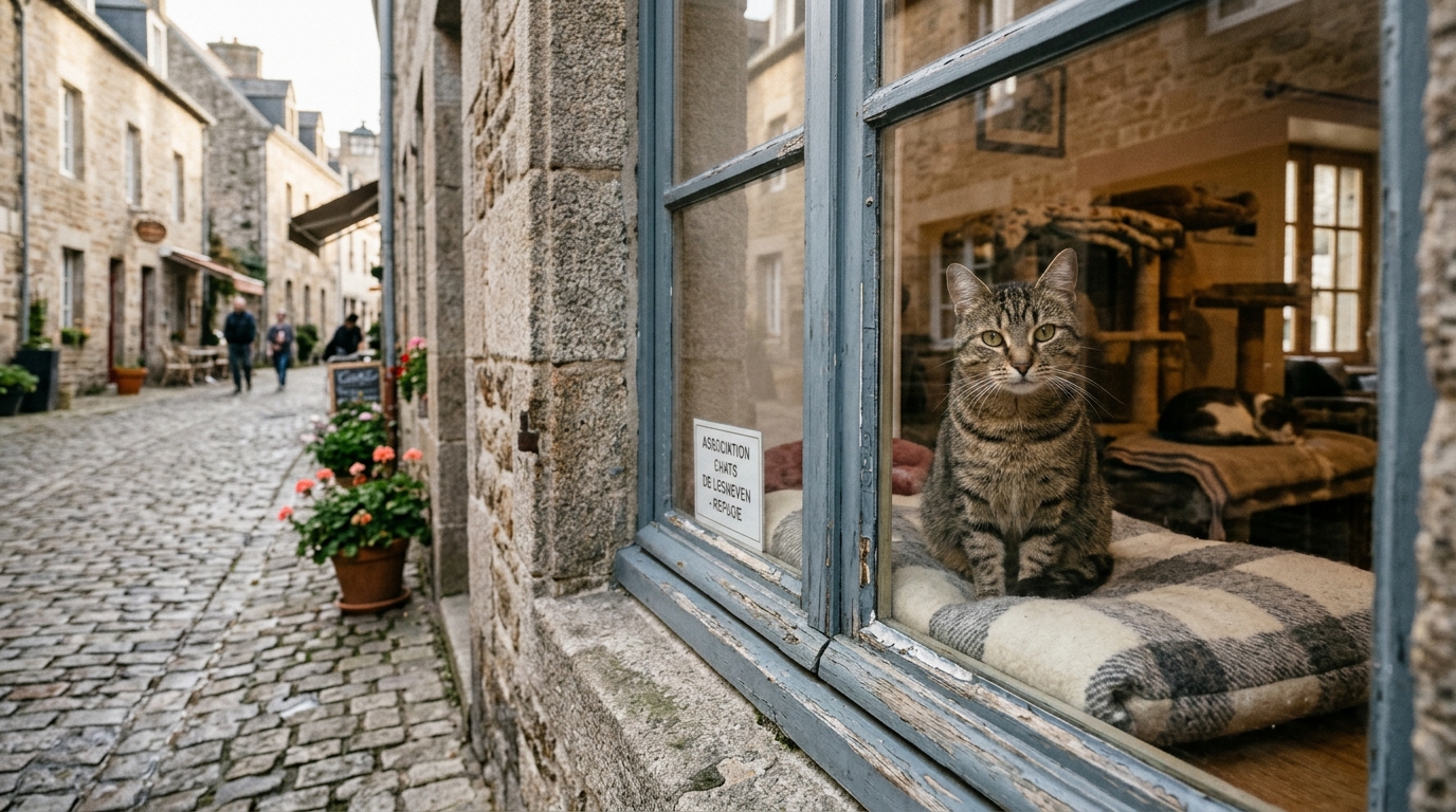 Un chat assis confortablement derrière la vitre d'un refuge à Lesneven.