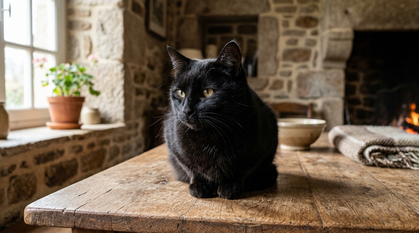 Un chat noir caressé chaleureusement par sa maîtresse dans une maison en Bretagne.