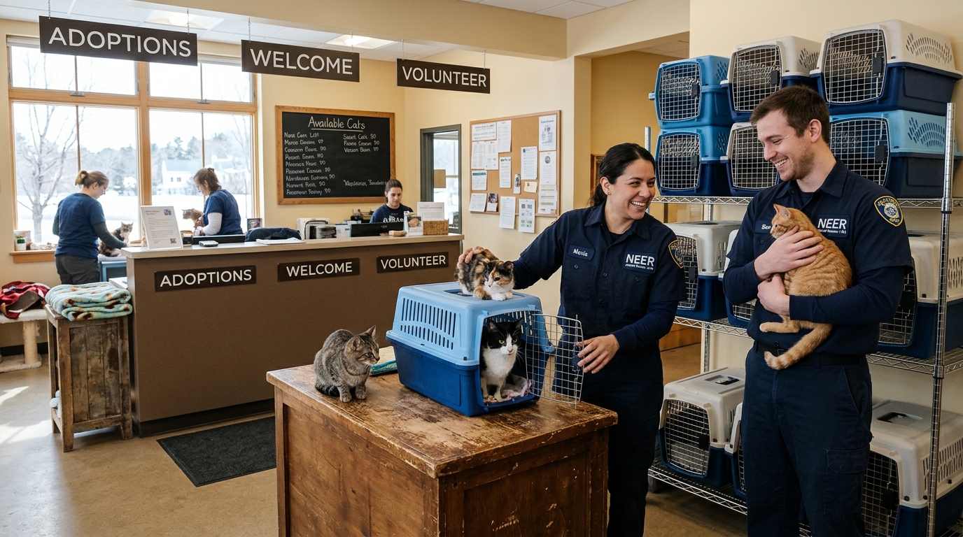 Des bénévoles accueillent des chats en cage de transport dans un refuge.