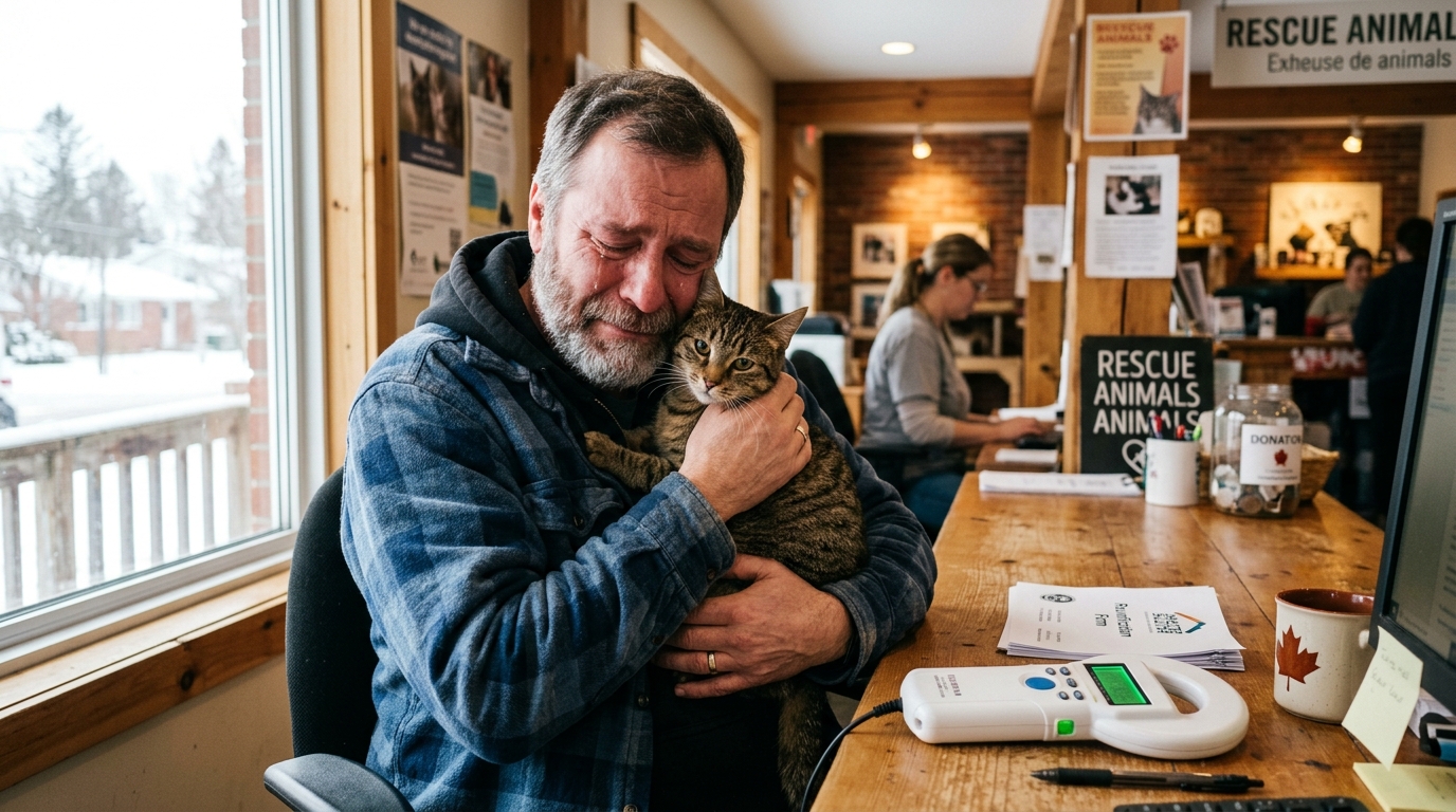 Un homme ému étreint son chat retrouvé dans un refuge animalier.