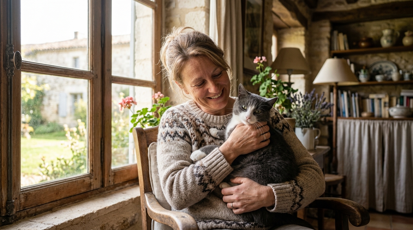 Une chatte rousse et blanche câlinée par sa maîtresse dans un village de Charente-Maritime