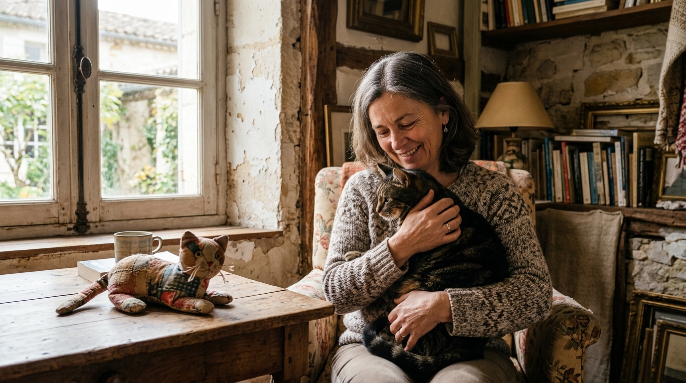 Une chatte tabby retrouvant sa propriétaire dans un salon chaleureux en Charente-Maritime