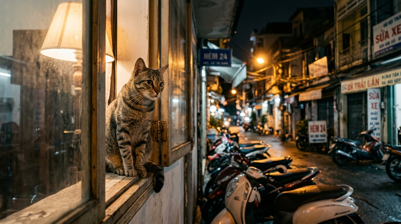 Un chat tigré observé à travers une fenêtre de nuit dans une ruelle.