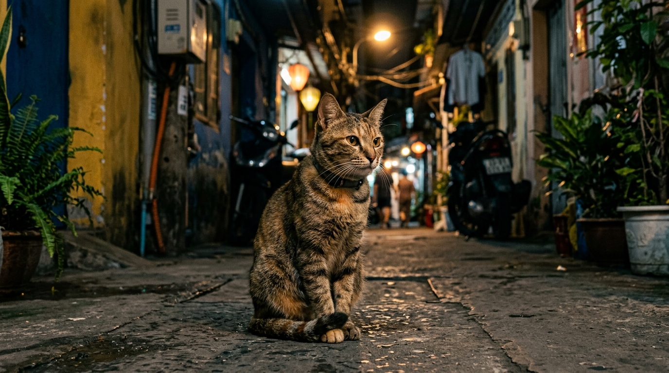 Un chat domestique assis dans une ruelle résidentielle au Vietnam durant la nuit