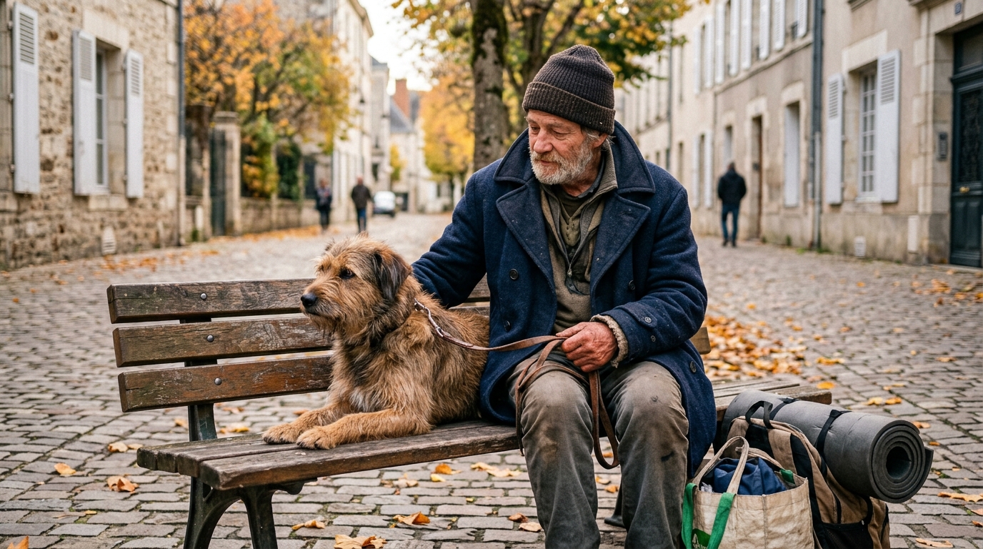 Un homme sans-abri assis sur un banc avec son chien tenu en laisse à Châtellerault